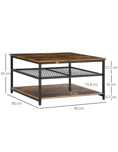 HOMCOM Industrial Coffee Table with 3-Tier Storage Shelves, Rustic Brown
