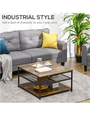 HOMCOM Industrial Coffee Table with 3-Tier Storage Shelves, Rustic Brown