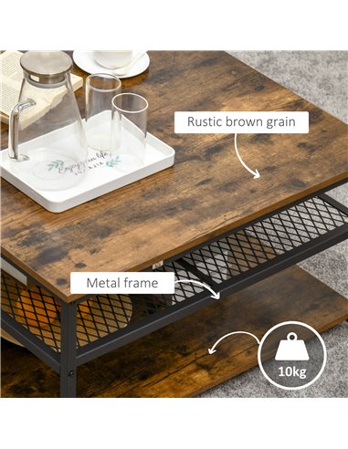 HOMCOM Industrial Coffee Table, Square Cocktail Table with 3-Tier Storage Shelves for Living Room, Rustic Brown