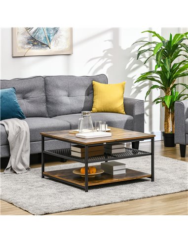 HOMCOM Industrial Coffee Table, Square Cocktail Table with 3-Tier Storage Shelves for Living Room, Rustic Brown