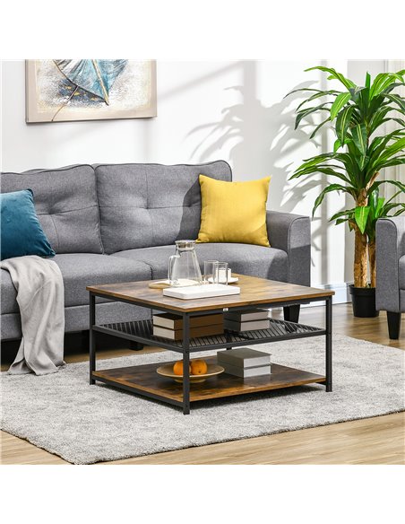 HOMCOM Industrial Coffee Table, Square Cocktail Table with 3-Tier Storage Shelves for Living Room, Rustic Brown - pic 22415 | FastDaddyshop