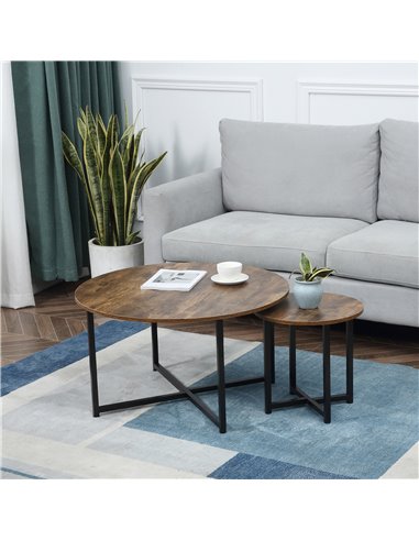 HOMCOM Industrial Round Coffee Table Set of 2 with Metal Frame, Rustic Brown