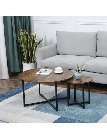 HOMCOM Industrial Round Coffee Table Set of 2 with Metal Frame, Rustic Brown - pic 22426 | FastDaddyshop