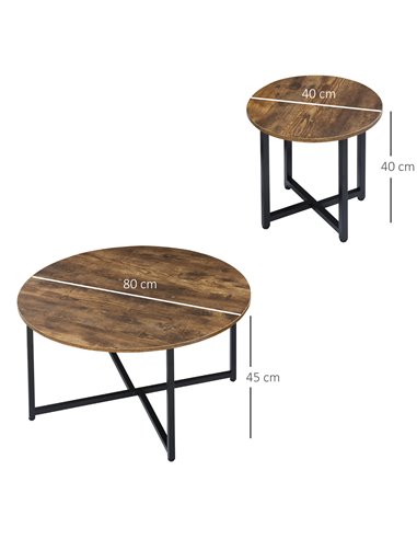 HOMCOM Industrial Round Coffee Table Set of 2 with Metal Frame, Rustic Brown