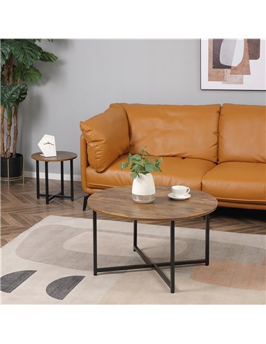 HOMCOM Industrial Round Coffee Table Set of 2 with Metal Frame, Rustic Brown