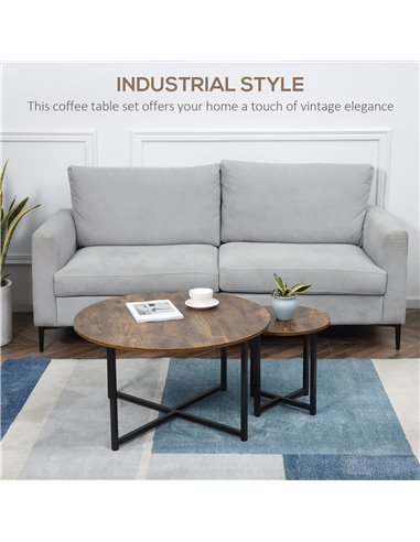 HOMCOM Industrial Round Coffee Table Set of 2 with Metal Frame, Rustic Brown