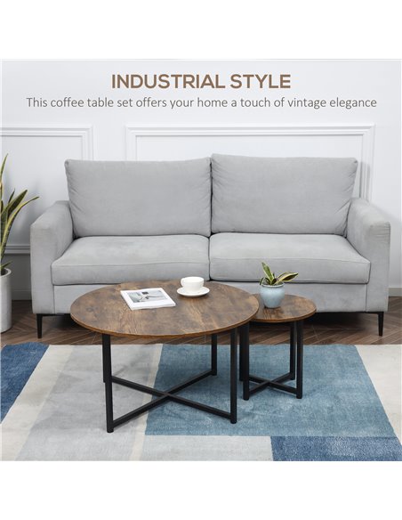 HOMCOM Industrial Round Coffee Table Set of 2 with Metal Frame, Rustic Brown - pic 22429 | FastDaddyshop