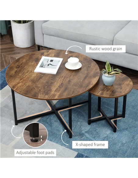 HOMCOM Round Coffee Table, Nesting Set of 2 with Metal Frame, Industrial Side End Table for Living Room Bedroom, Rustic Brown - pic 22431 | FastDaddyshop