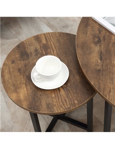 HOMCOM Round Coffee Table, Nesting Set of 2 with Metal Frame, Industrial Side End Table for Living Room Bedroom, Rustic Brown