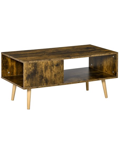 HOMCOM Retro Coffee Table with Open Storage Shelves, Solid Wood Legs, Rustic Brown - pic 22434 | FastDaddyshop