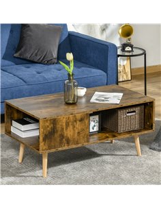 HOMCOM Retro Coffee Table with Open Storage Shelves, Solid Wood Legs, Rustic Brown 2