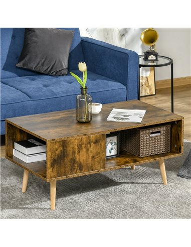 HOMCOM Retro Coffee Table with Open Storage Shelves, Solid Wood Legs, Rustic Brown