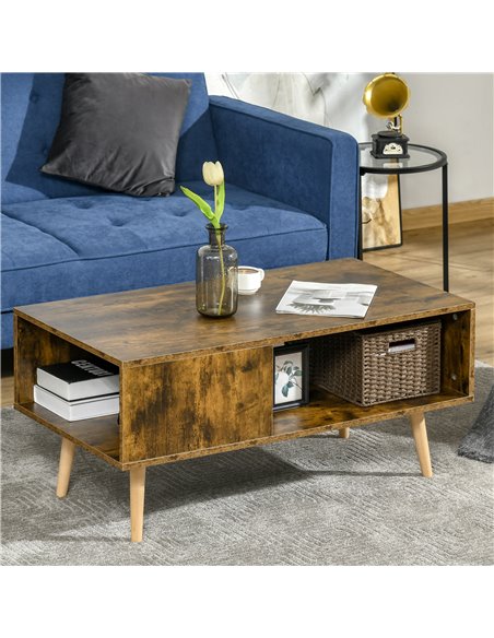 HOMCOM Retro Coffee Table with Open Storage Shelves, Solid Wood Legs, Rustic Brown - pic 22435 | FastDaddyshop