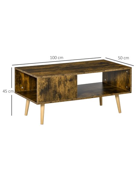 HOMCOM Retro Coffee Table with Open Storage Shelves, Solid Wood Legs, Rustic Brown - pic 22436 | FastDaddyshop