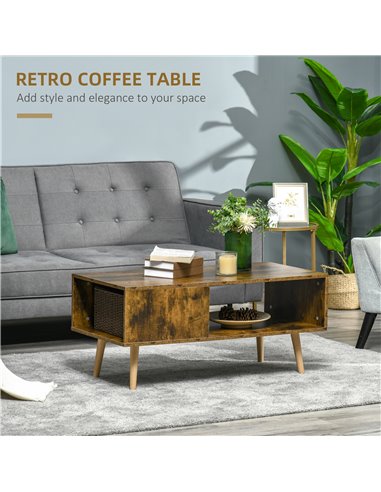 HOMCOM Retro Coffee Table with Open Storage Shelves, Solid Wood Legs, Rustic Brown