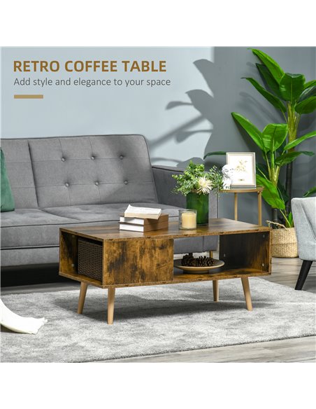 HOMCOM Retro Coffee Table with Open Storage Shelves, Solid Wood Legs, Rustic Brown - pic 22437 | FastDaddyshop