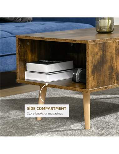 HOMCOM Retro Coffee Table with Open Storage Shelves, Solid Wood Legs, Rustic Brown