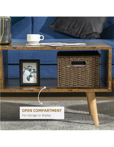 HOMCOM Coffee Table with Open Storage Shelves, Retro Cocktail Table with Solid Wood Legs for Living Room, Rustic Brown