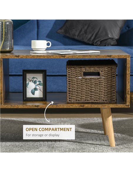 HOMCOM Coffee Table with Open Storage Shelves, Retro Cocktail Table with Solid Wood Legs for Living Room, Rustic Brown - pic 22439 | FastDaddyshop