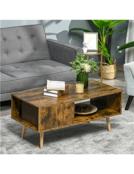 HOMCOM Coffee Table with Open Storage Shelves, Retro Cocktail Table with Solid Wood Legs for Living Room, Rustic Brown - pic 22442 | FastDaddyshop