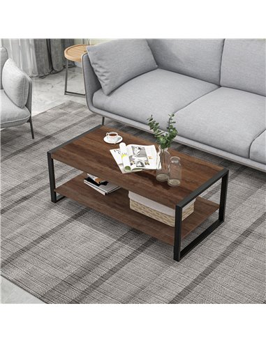 HOMCOM Industrial Coffee Table with Shelf and Steel Frame, Natural