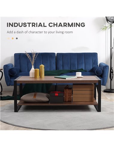 HOMCOM Industrial Coffee Table with Shelf and Steel Frame, Natural