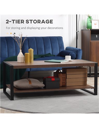 HOMCOM Industrial Coffee Table with Shelf and Steel Frame, Natural