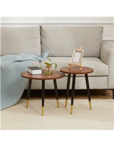 HOMCOM Round Coffee Tables Set of 2 with Steel Frame, Walnut brown 2