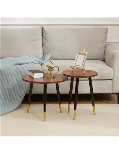 HOMCOM Round Coffee Tables Set of 2 with Steel Frame, Walnut brown
