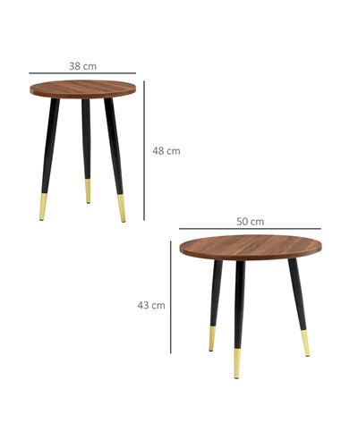 HOMCOM Round Coffee Tables Set of 2 with Steel Frame, Walnut brown