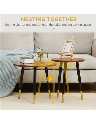 HOMCOM Round Coffee Tables Set of 2 with Steel Frame, Walnut brown