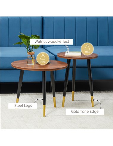 HOMCOM Nest of Tables, Round Coffee Tables Set of 2 with Steel Frame for Living Room Bedroom, Walnut brown