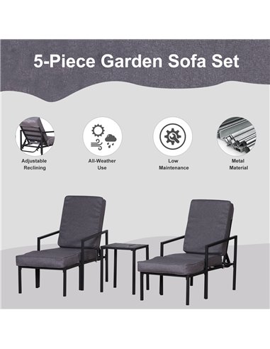 Outsunny 5 pcs Garden Patio Sun Lounger Set with Cushions, Grey & Black
