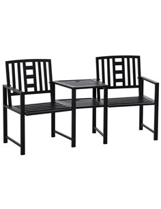 Outsunny Tete-a-tete Chair, 2 Seat Bench Middle Coffee Table with Umbrella Hole, Black