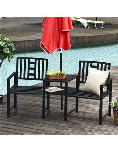 Outsunny Tete-a-tete Chair, 2 Seat Bench Middle Coffee Table with Umbrella Hole, Black