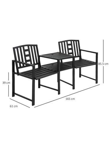 Outsunny Tete-a-tete Chair, 2 Seat Bench Middle Coffee Table with Umbrella Hole, Black