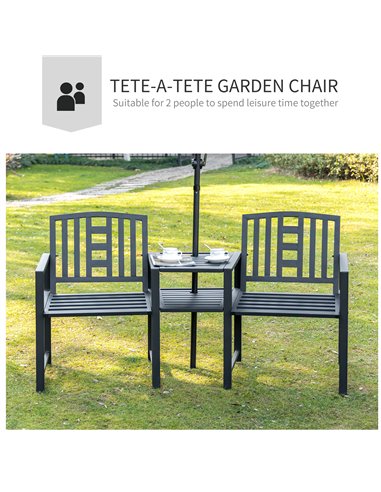 Outsunny Tete-a-tete Chair, 2 Seat Bench Middle Coffee Table with Umbrella Hole, Black