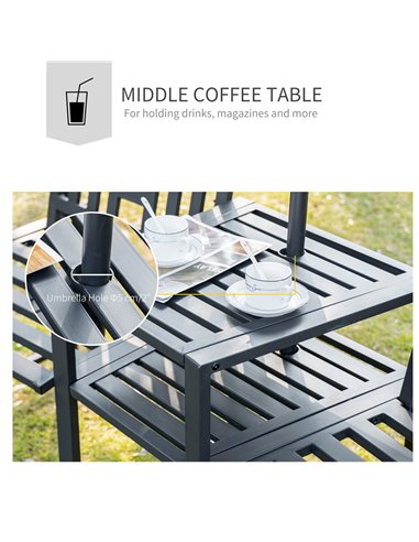 Outsunny Tete-a-tete Chair, 2 Seat Bench Middle Coffee Table with Umbrella Hole, Black