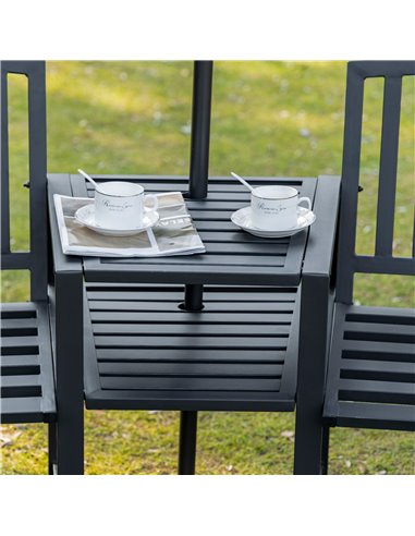 Outsunny Tete-a-tete Chair, 2 Seat Bench Middle Coffee Table with Umbrella Hole, Black