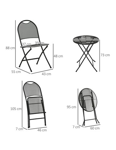 Outsunny 3 Piece Garden Bistro Set with Folding Design Coffee Table, Two Chairs, Black