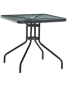 Outsunny Square Patio Coffee Table with Tempered Glass Top, Umbrella Hole, Black