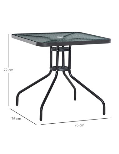 Outsunny Square Patio Coffee Table with Tempered Glass Top, Umbrella Hole, Black