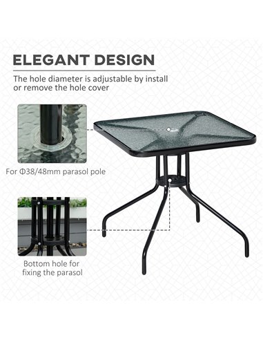 Outsunny Square Patio Coffee Table with Tempered Glass Top, Umbrella Hole, Black