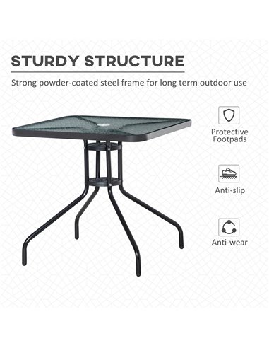 Outsunny Square Patio Coffee Table with Tempered Glass Top, Umbrella Hole, Black