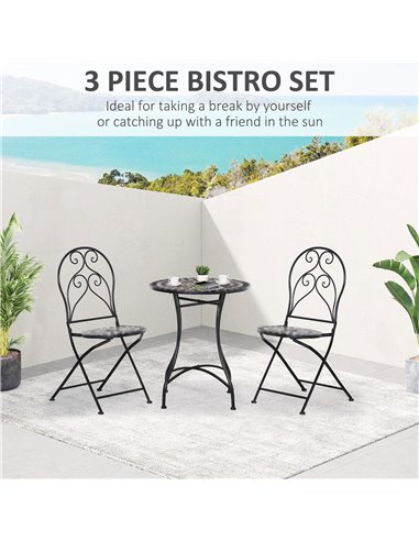 Outsunny 3 Piece Garden Outdoor Bistro Set with Coffee Table and 2 Folding Chairs, Black