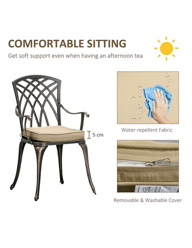 Outsunny 3 Piece Cast Aluminium Garden Bistro Set for 2 with Parasol Hole, Outdoor Coffee Table Set with Cushions - Bronze