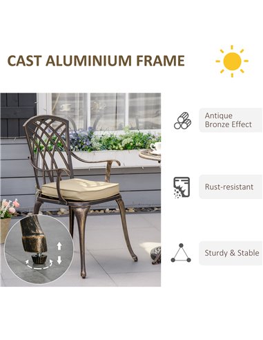 Outsunny 3 Piece Cast Aluminium Garden Bistro Set for 2 with Parasol Hole, Outdoor Coffee Table Set with Cushions - Bronze