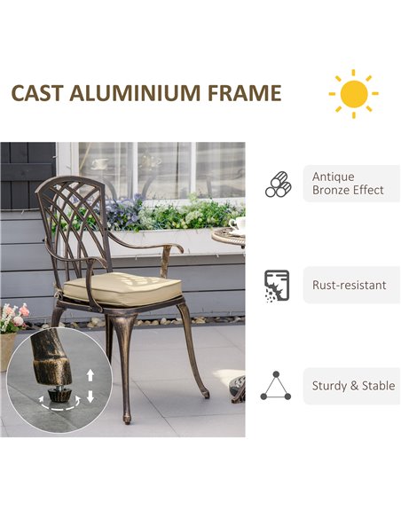 Outsunny 3 Piece Cast Aluminium Garden Bistro Set for 2 with Parasol Hole, Outdoor Coffee Table Set with Cushions - Bronze - pic 22583 | FastDaddyshop