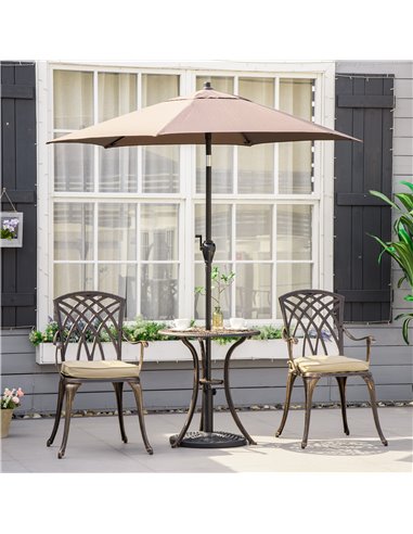 Outsunny 3 Piece Cast Aluminium Garden Bistro Set for 2 with Parasol Hole, Outdoor Coffee Table Set with Cushions - Bronze
