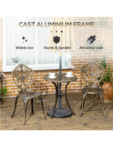 Outsunny 3 Piece Cast Aluminium Garden Bistro Set with Parasol Hole, Bronze